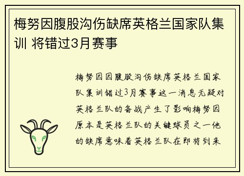 梅努因腹股沟伤缺席英格兰国家队集训 将错过3月赛事 梅努因腹股沟伤缺席英格兰国家队集训 将错过3月赛事